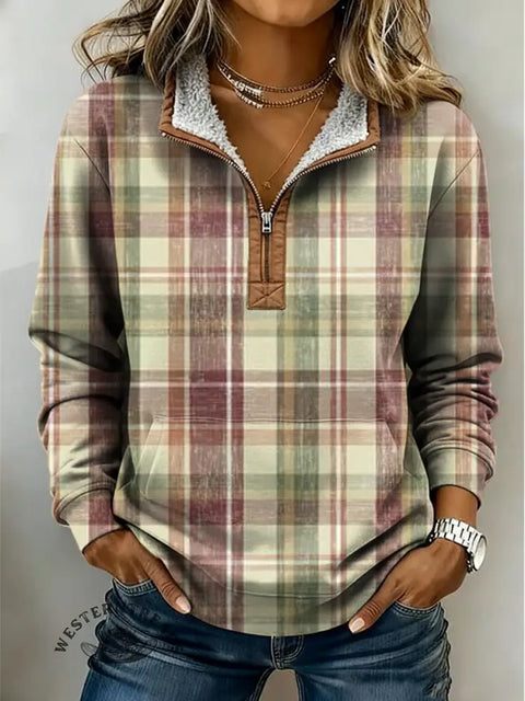 Retro Plaid Print Casual Half-zip Cotton Sweatshirt