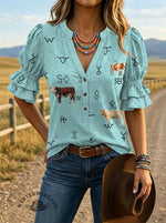 Women's Cow Brand Print Puff Sleeve Casual Shirt
