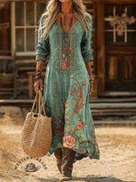 V-neck Retro Print Casual Loose Western Dress