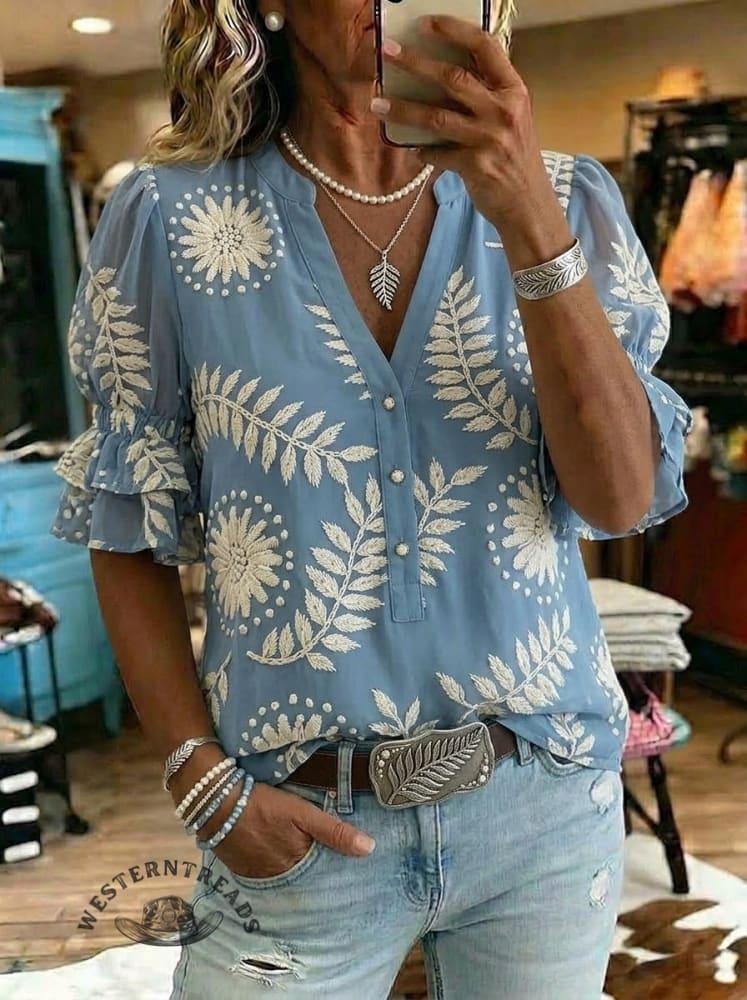 Women's Vintage Floral Print Casual Chiffon Ruffle Shirt