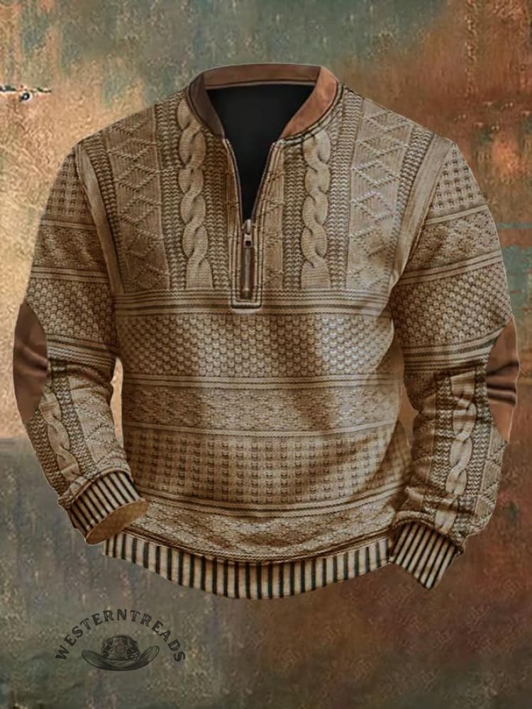 🔥Hot Sale🔥Men's Vintage Knit Print Zip-Up Sweatshirt